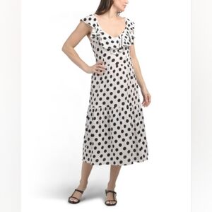NWT - US Together Dramatic Ruffle Neck B&W Polka Dot Smocked Back Midi Dress - L